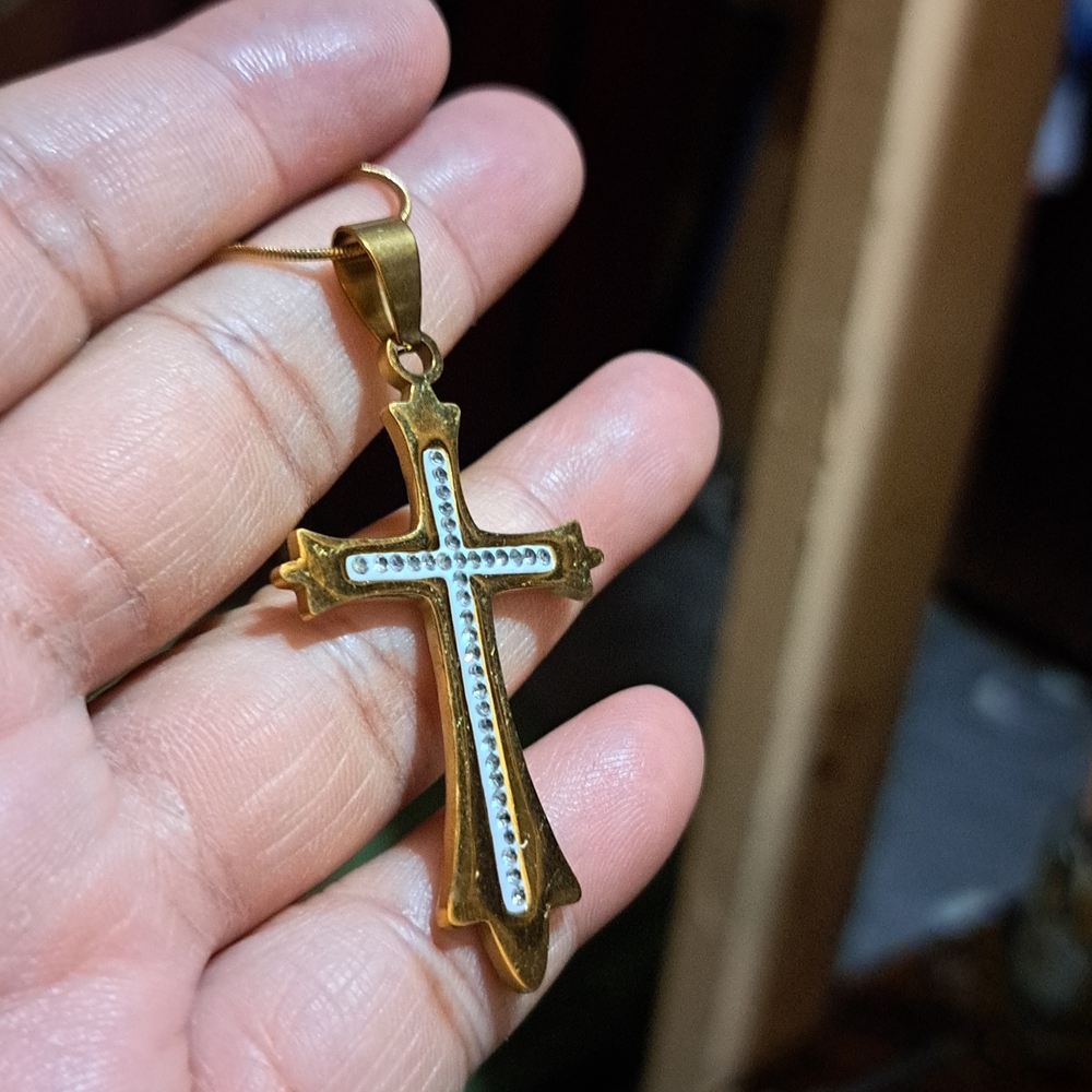 Gold Cross Pendant Necklace with Silver Inlay - Women Jewelry
